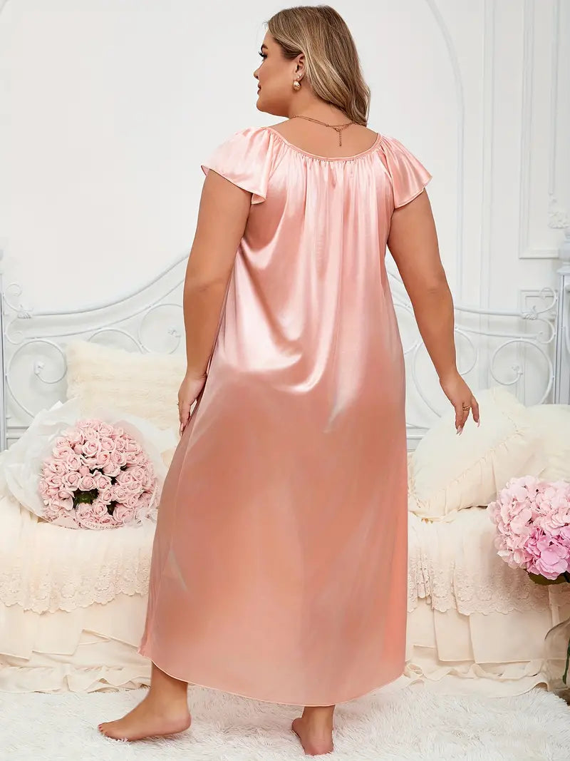 Plus Size Elegant Satin Bow Lace Nightdress with Ruffle Sleeves, Women's Sleep Dress