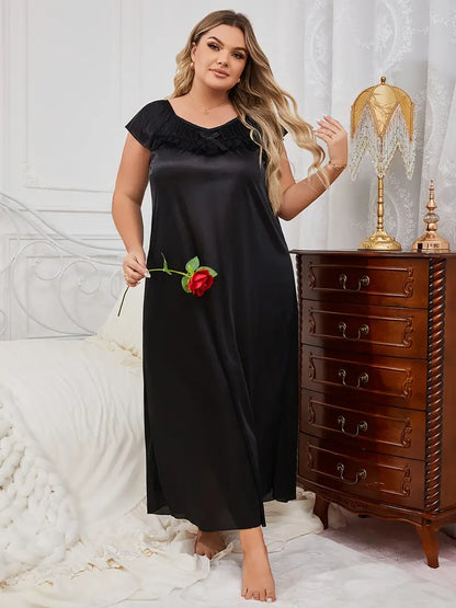 Plus Size Elegant Satin Bow Lace Nightdress with Ruffle Sleeves, Women's Sleep Dress
